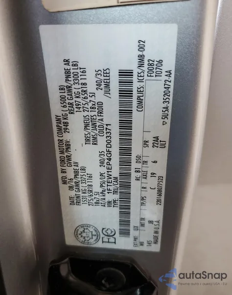 2016 Ford F150 Supercrew из США, поврежденный, VIN 1FTEW1EP4GFD03371